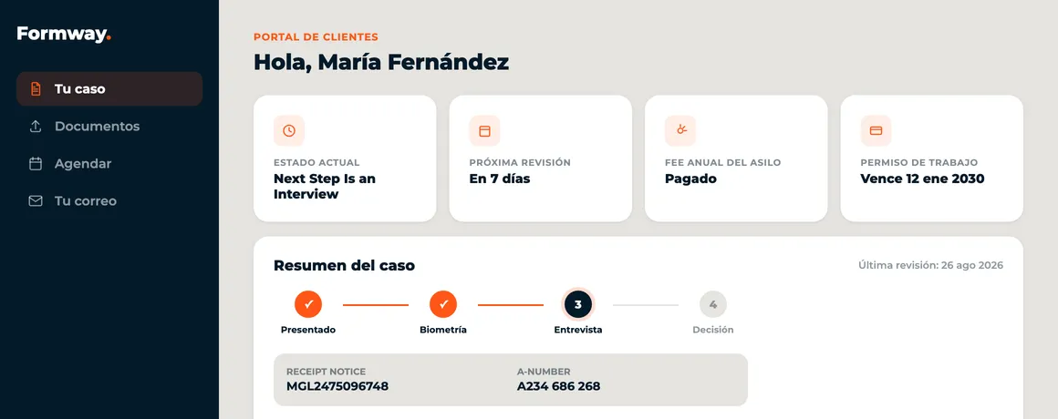 Vista de Tu caso en el portal, con línea de tiempo del trámite
